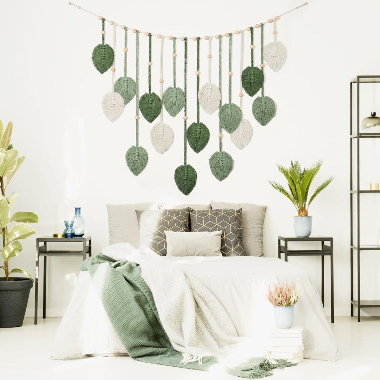 Betylifoy Macrame Wall Hanging Large Macrame Leaves Tapestry Wall Hanging Decoration Boho Handmade Woven Leaf Feather Wall Art Decor for Nursery Bedroom Living Room Office Christmas Thanksgiving Decor, 29 X 51 Inch (Green)