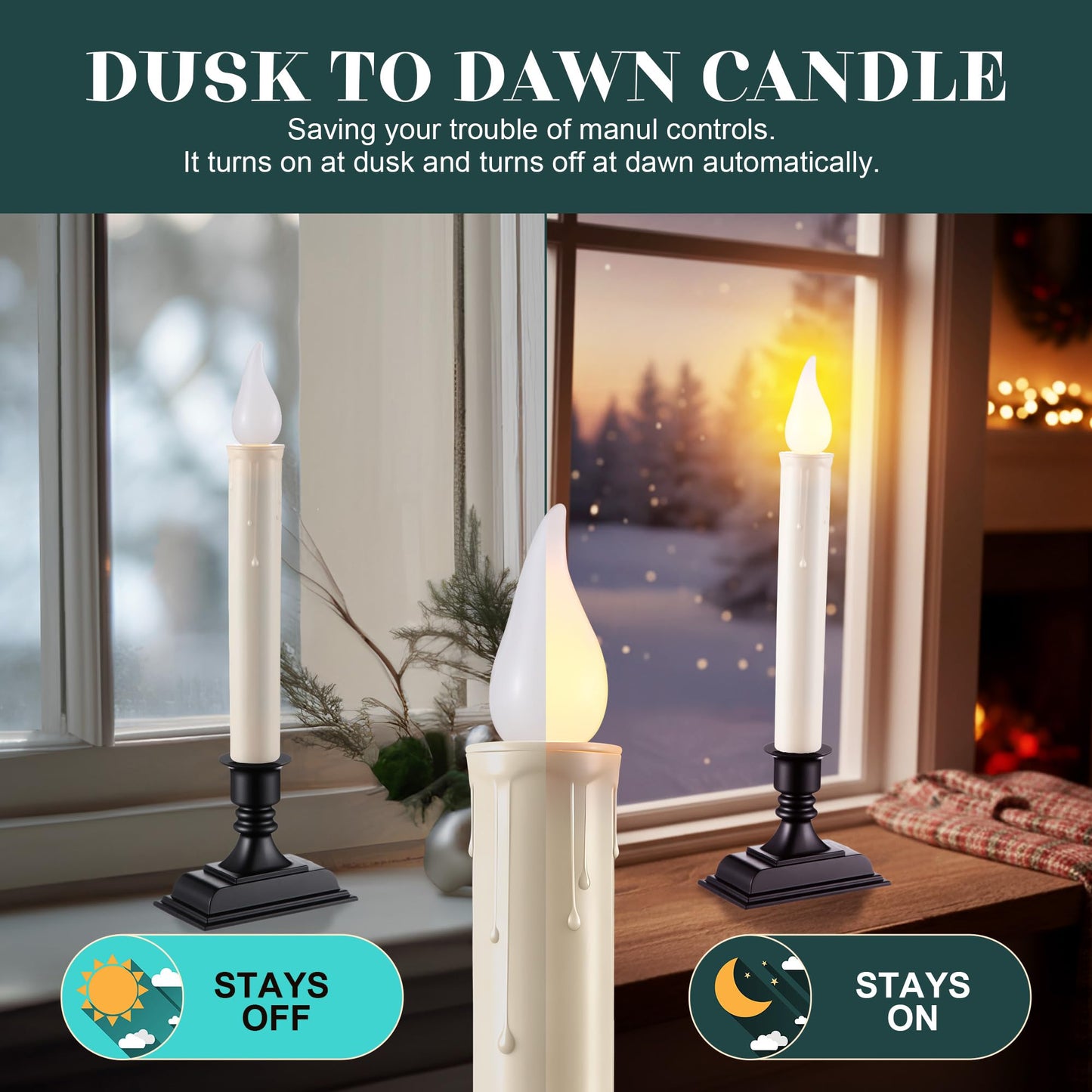 Enhon 12 Pack Battery Operated LED Window Candles, Dusk to Dawn Light Sensor, with Black Holders and Suction Cups, Ivory Christmas Window Candles, Amber Flicker Flame (Batteries AA Included)