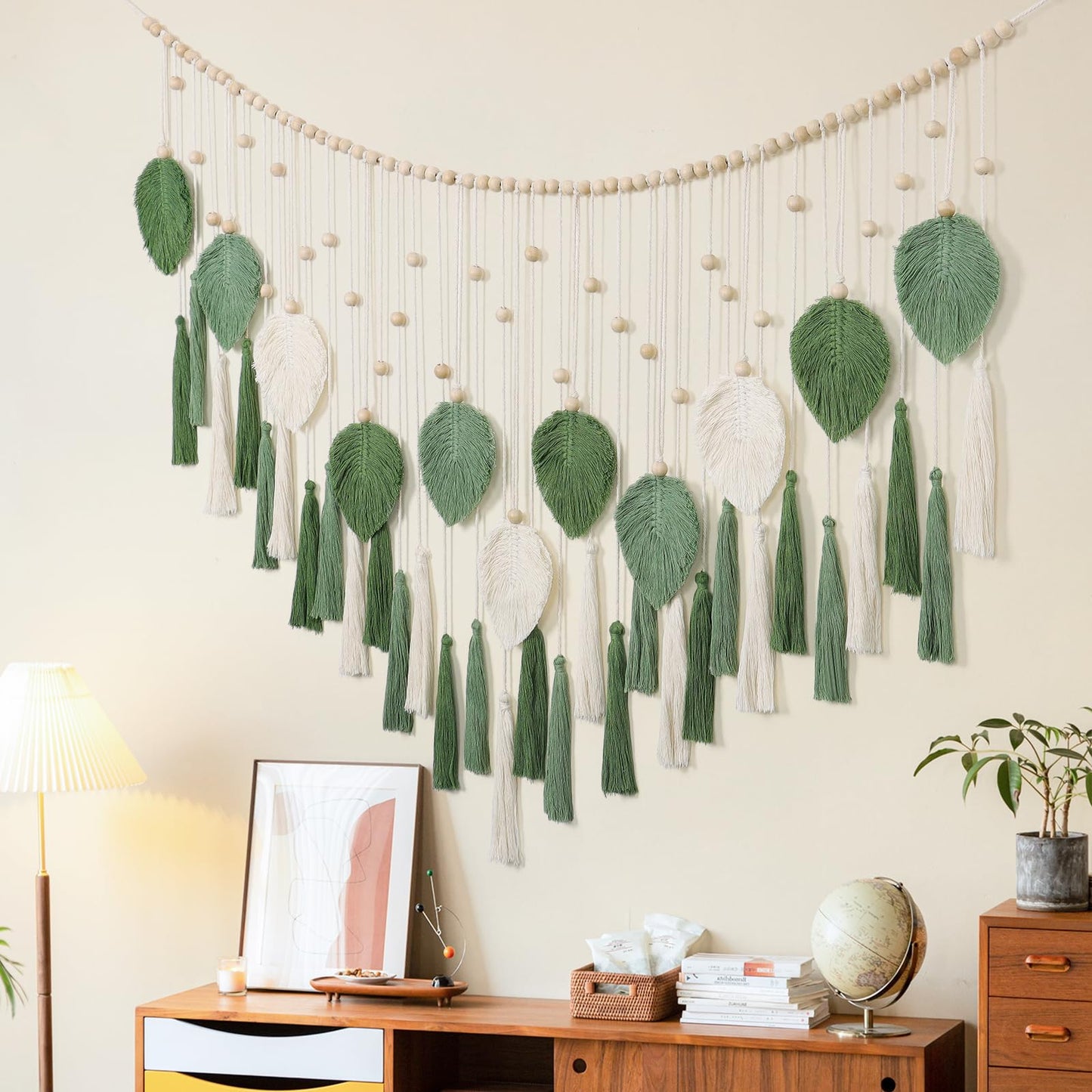 Betylifoy Large Macrame Wall Hanging Boho Handmade Woven Tapestry with Wood Beads Beige Green Chic Leaf Feather Boho Wall Art Decor Macrame Tapestry Wall Decor for Bedroom Living Room Nursery Apartment 51.2"W X 31.5"L