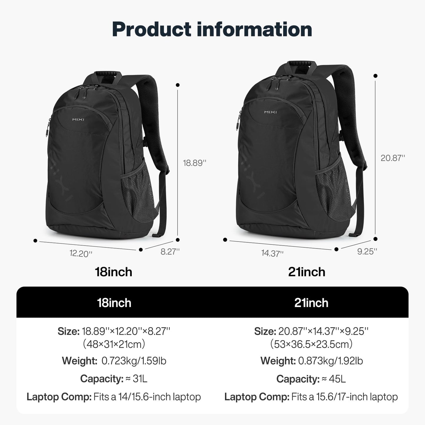 mixi 31L Ultra Lightweight Waterproof Travel Backpack, 18 inch Casual Daypack for Men Women, Durable Spacious Bag for Travel, Sports, Camping, Hiking & College, Black