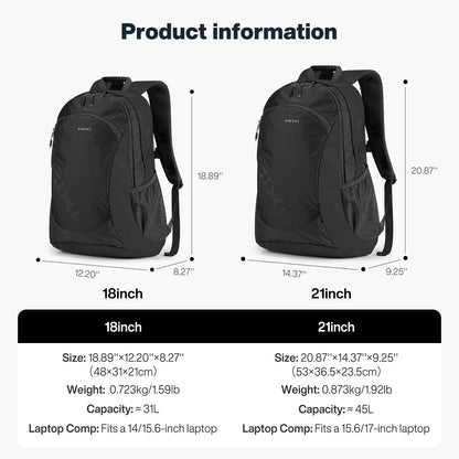 mixi 31L Ultra Lightweight Waterproof Travel Backpack, 18 inch Casual Daypack for Men Women, Durable Spacious Bag for Travel, Sports, Camping, Hiking & College, Black
