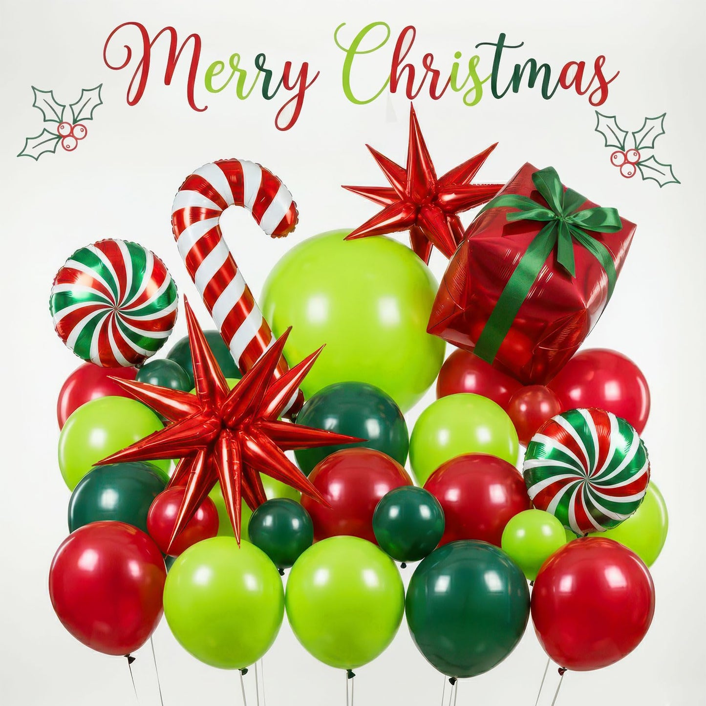 Christmas Balloon Garland Arch Kit with backdrop Xmas Red Green Balloons Candy Cane Santa Claus Star Foil Balloons for Christmas New Year Birthday Party Decorations