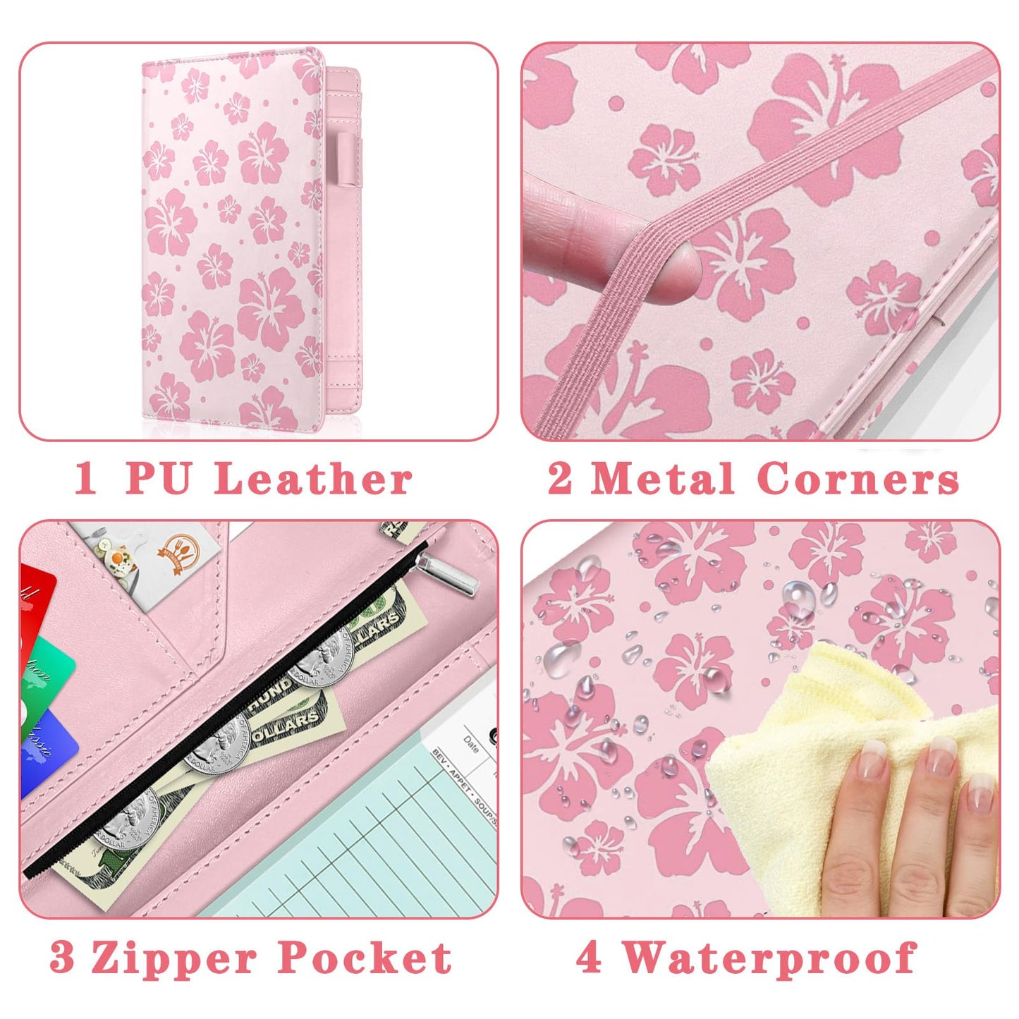 YeeCASE Pink Server Book, Fits Waitress Server Apron, Receipt Holder, Guest Book Perfectly,Waitress Server Accessories, Compact Organizer with Zipper Pocket (Hibiscus)