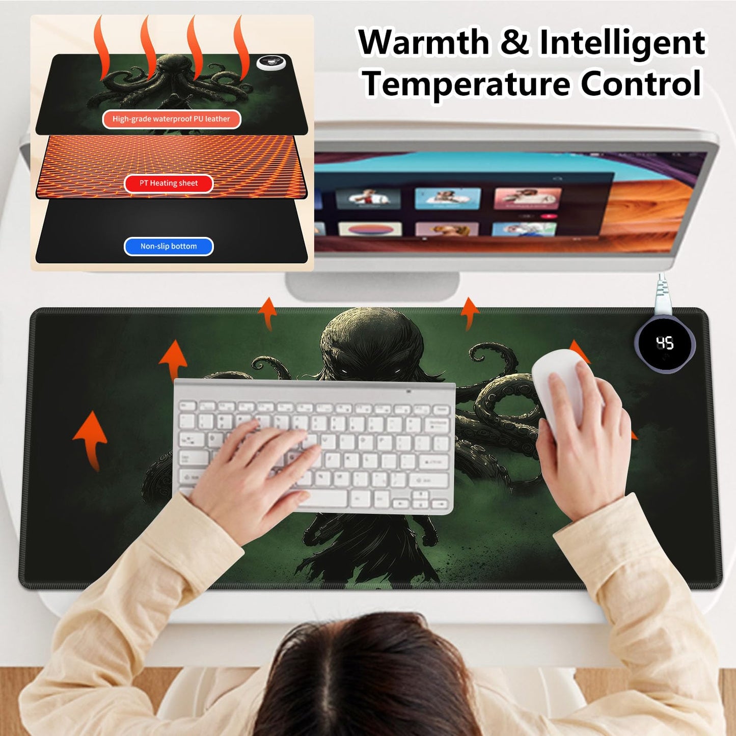 FKIUBWRY Heated Desk Pad Heated Mouse Pad - 31.5x13 Inch,3-Level Temp (104℉-122℉) 3-Hour Auto Shut-Off,Leather Waterproof Heated Desk Mat Hand Warmer for Home Office Gaming,Octopus Warrior Green