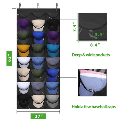 Dofilachy Hat Organizer Racks for Baseball Caps, Visible Hat Holder Rack for Wall Door with 3 Hooks, 24 Deep Pockets