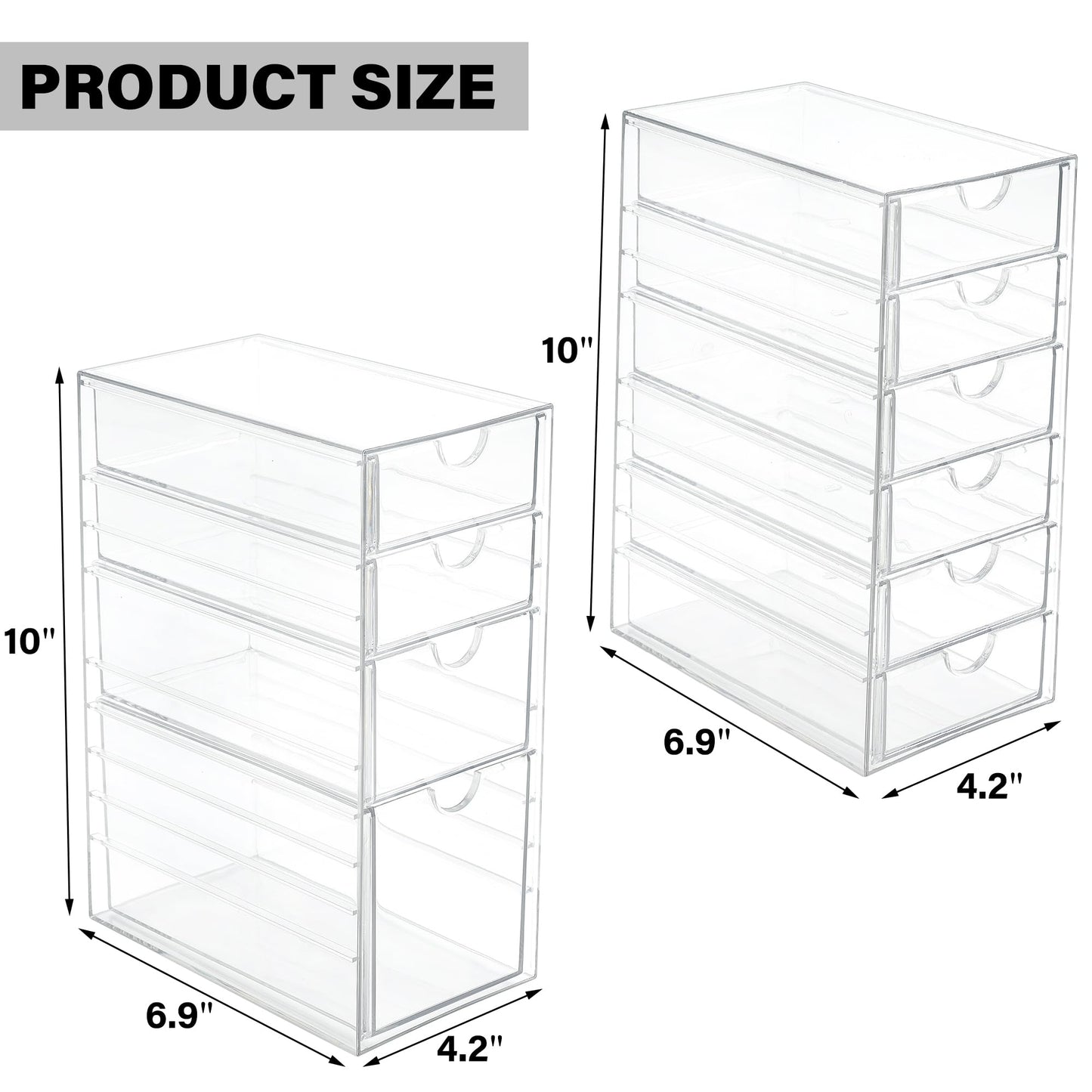 Prsildan Acrylic Drawer Makeup Organizer with 10 Drawers, Set of 2 Office Desk Organizers Accessories, Clear Stackable Storage Drawers for Vanity, Countertop, Craft, Jewelry, Art Supply Organization
