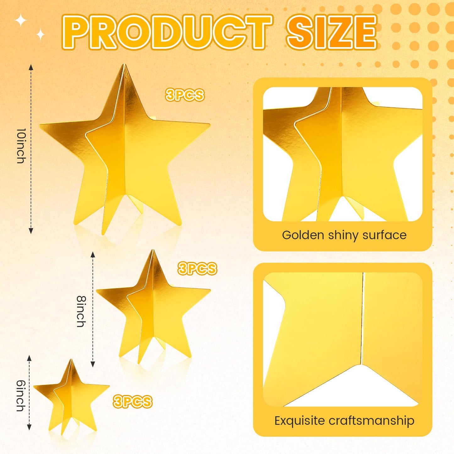 AmazingSpark 9 Pcs Large Star Centerpieces Gold 3D Back to School Star Table Decorations in 3 Sizes 10" 8" 6" for Birthday Party Baby Shower Gathering Ceremony Movie Night Supplies (Gold)