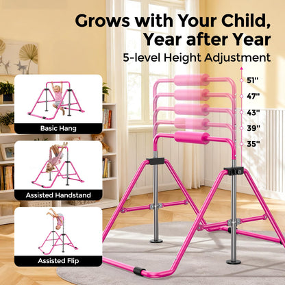 Sportsroyals Gymnastics Bar for Kids,Adjustable Height Gymnastic Horizontal Bars,Folding Gymnastic Junior Training Kip Bar for Home, Pink (Pink)