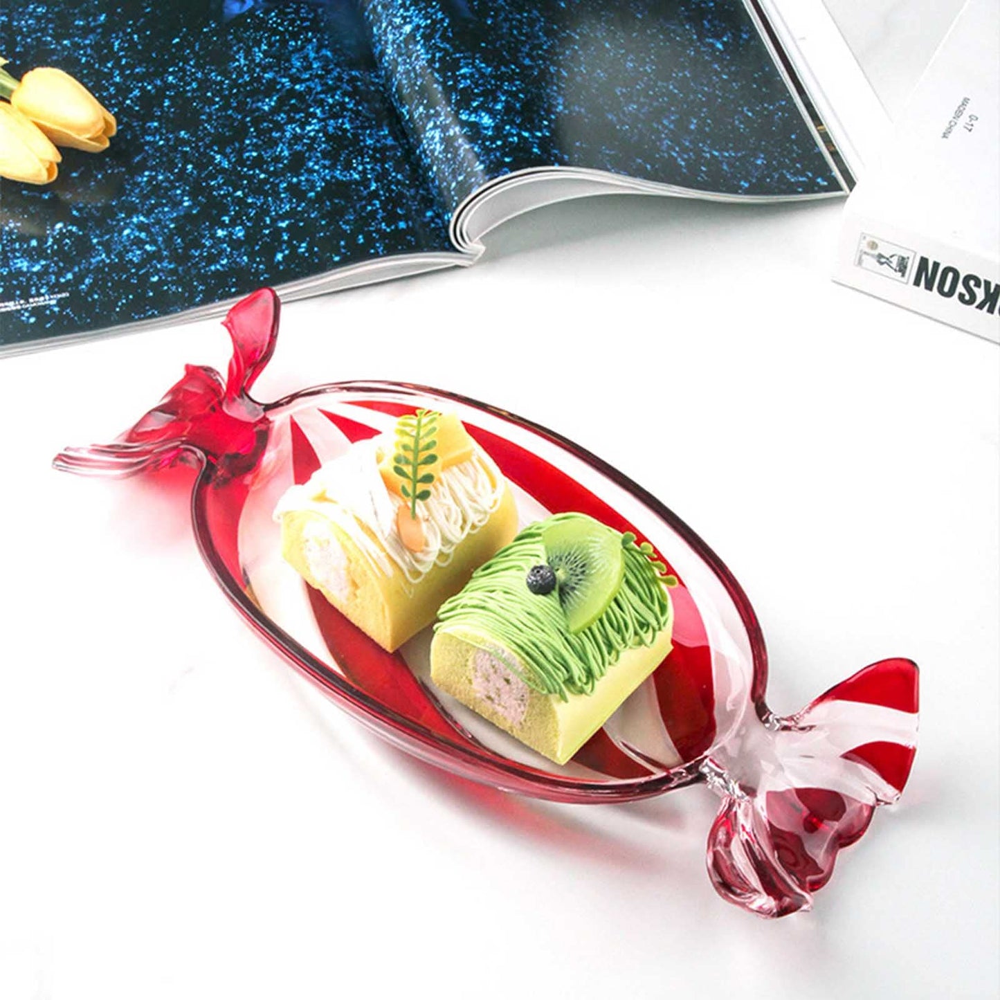 Gkesgm Christmas Decor Peppermint Candy Tray, Crystal Glass Fruit Plates,Sweet Snack Bowl,Wedding Dessert Storage Tank,Holiday Decor,Red,ZRO-065