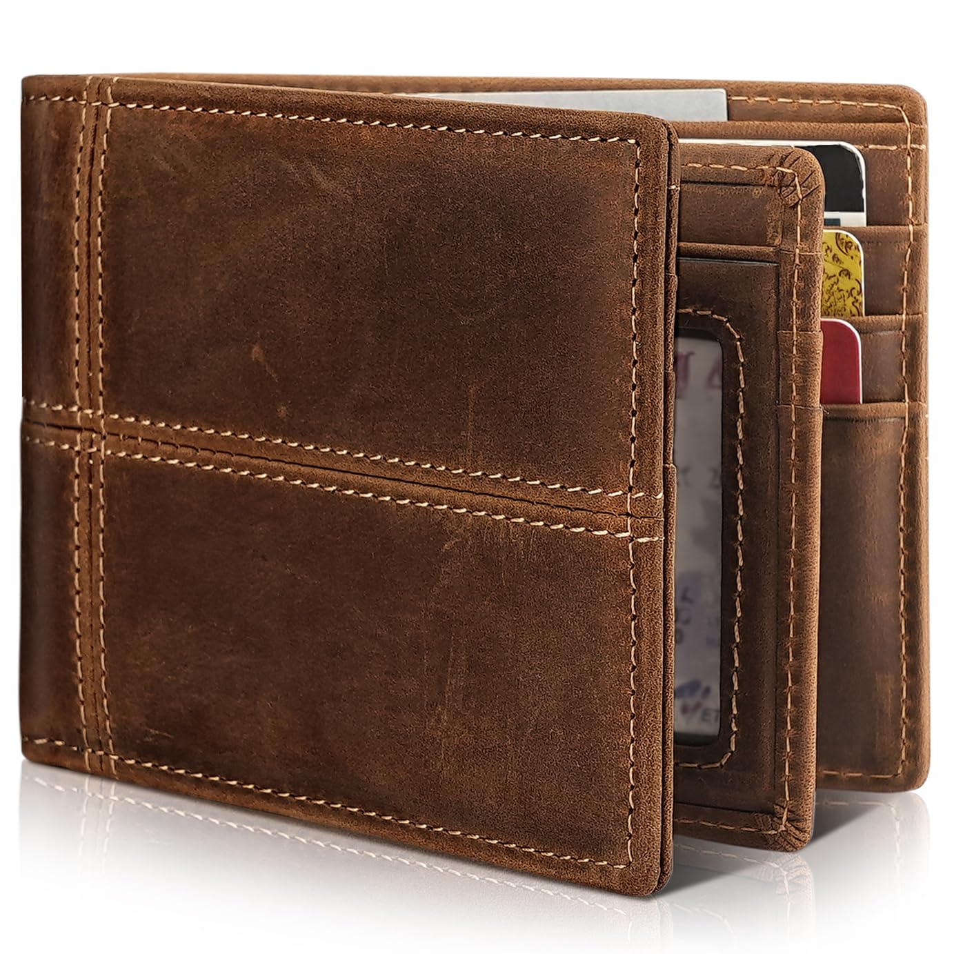 Artpaxy Mens Wallet Bifold Genuine Leather RFID Blocking Wallet for Men with 1 ID Window 13 Card Holders 2 cash pockets 1 Gift Box