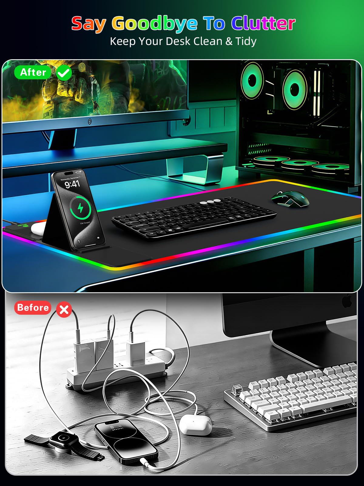 Mouse Pad with Wireless Charger Foldable Phone Holder, XXL RGB Gaming Mousepad 31.5"x15.8" Large Desk Mat for Keyboard, Black Desk Pad with Dual Qi Charging Station, 11 Colors 5 Modes