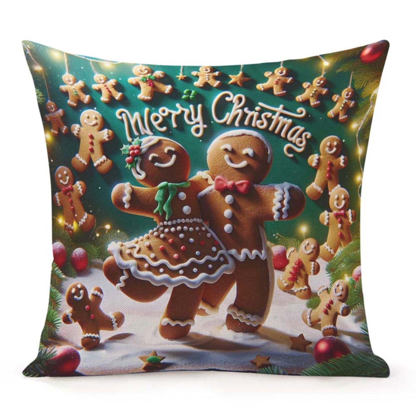 Throw Pillow Cover 20x20 Inch,Gingerbread Man Woman Dancing With Words Merry Christmas Spelled With Gingerbread Men Throw Pillow Case,Home Decor Cushion Covers for Sofa Living Room Couch Bed