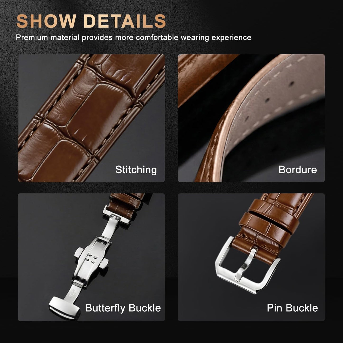 EREBUSE Genuine Leather Watch Strap 18mm 20mm 22mm, Brown Classic Replacement Watch Band for Men Women, Soft Padded Cowhide with Silver Stainless Steel Buckle, Spring Bar Included