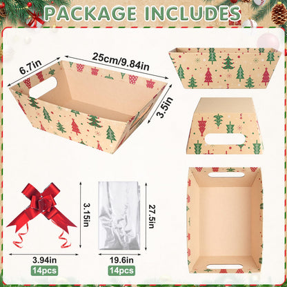 Pascliyna 12 Set Christmas Gift Baskets Empty 10x7 Inch, Kraft Paper Christmas Gifts Baskets with Cellophane Bags and Red Pull Bows, Reusable Gift Wrapping for Xmas Holiday Winter Party Supplies