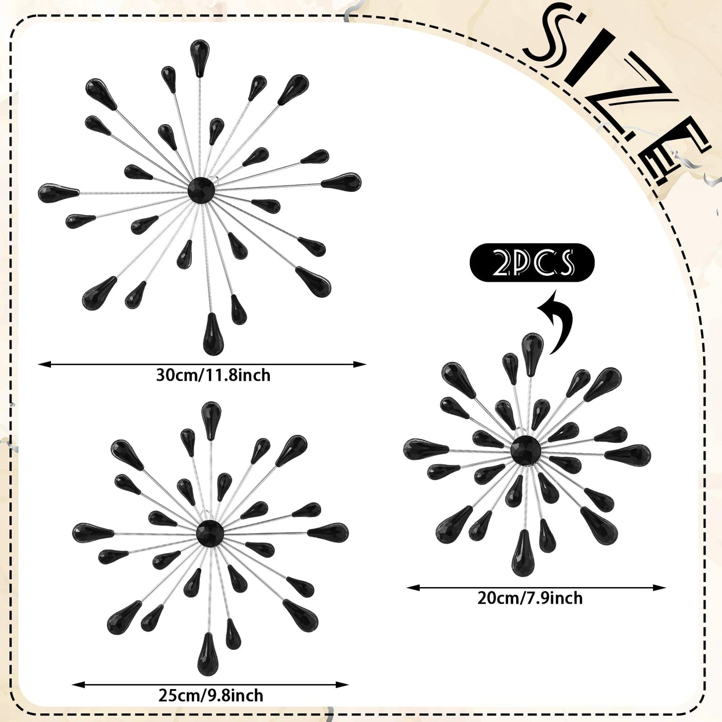 Hicarer 4 Pcs Starburst Wall Decor Bling Wall Art Crystal Teardrop 3D Hanging Rhinestone Radial Metal Artwork Modern Accent Sculptures Decorations for Living Room Home Office Bedroom(Black Diamond)