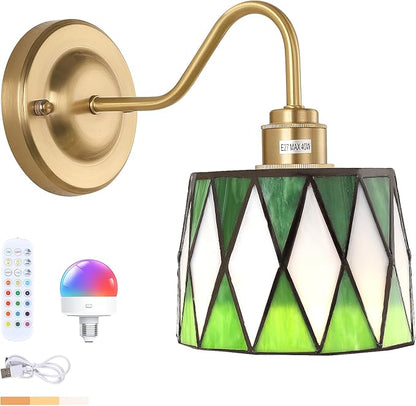 Vintage Battery Operated Wall Sconce with Remote, Rechargeable LED Wall Lamp 3 Colors Dimmable, Gold Wall Lights Fixture for Bedroom Bathroom Living Room Hallway Green Checker