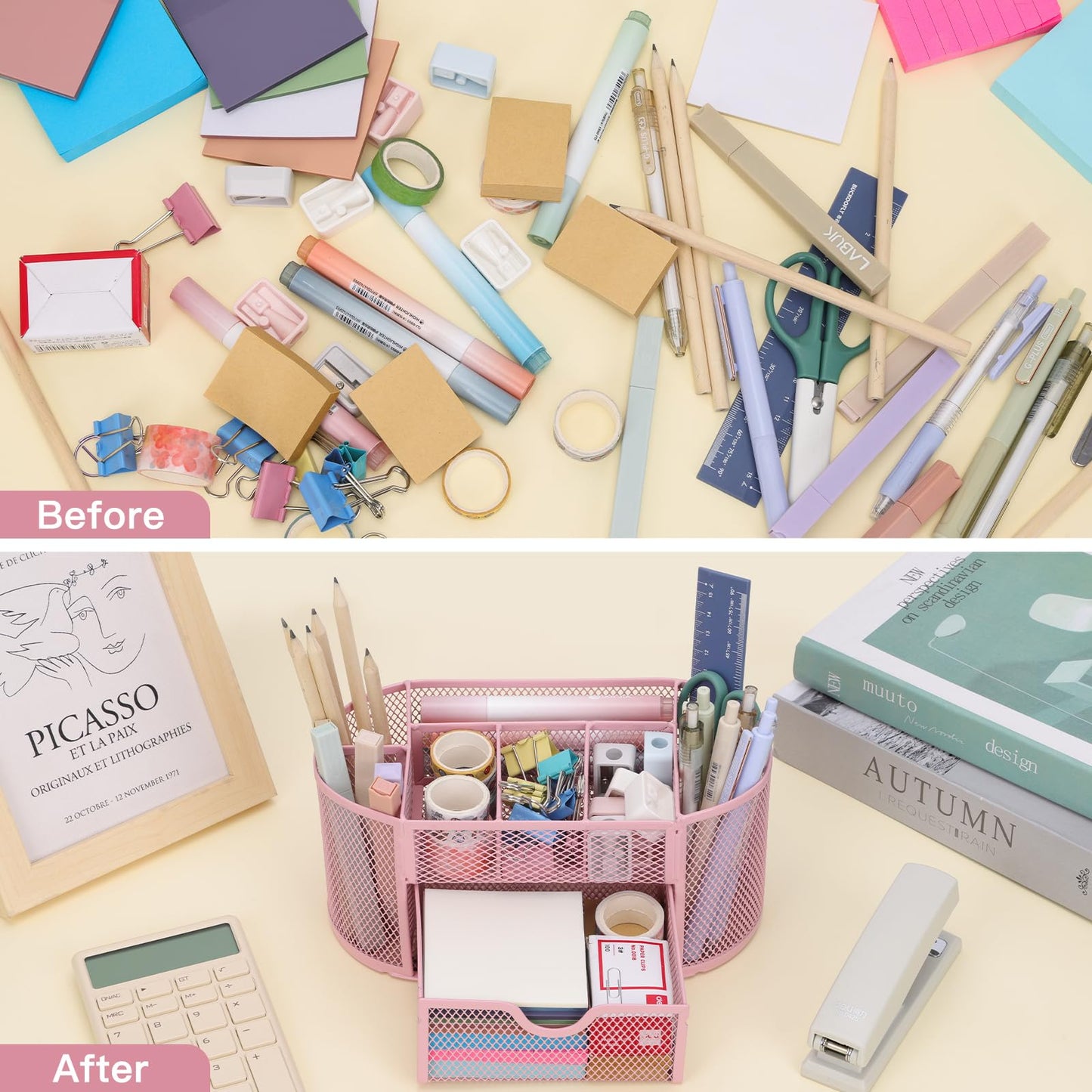 EOOUT Pink Desk Organizer, Pen Holder for Desk and Accessories, Mesh Desk Organizer with 8 Compartments and 1 Drawer for Office Home School Classroom