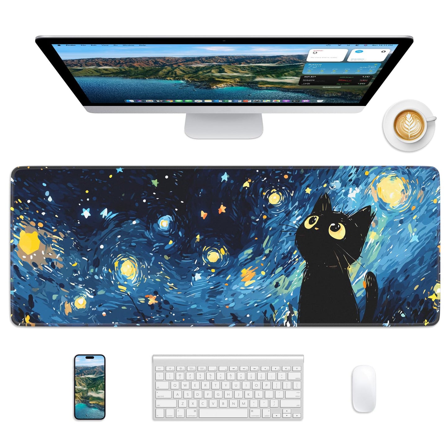 Velluxion Starry Night Cat Mouse Pad, 31.5 x 11.8 Large Desk Mat with Stitched Edges & Non-Slip Base, Mousepad for Office, Home, Work