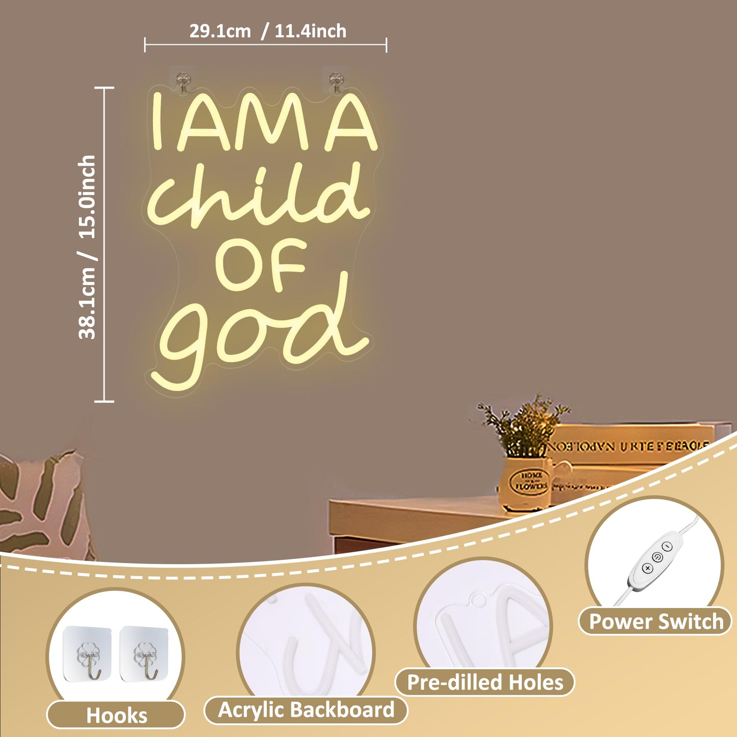 CoolGift Mart Divinely-Inspired Neon Sign - 'I Am a Child of God' Wall Art for Spiritual Home Decor | Inspiring Light for Bedroom, Nursery, or Worship Space