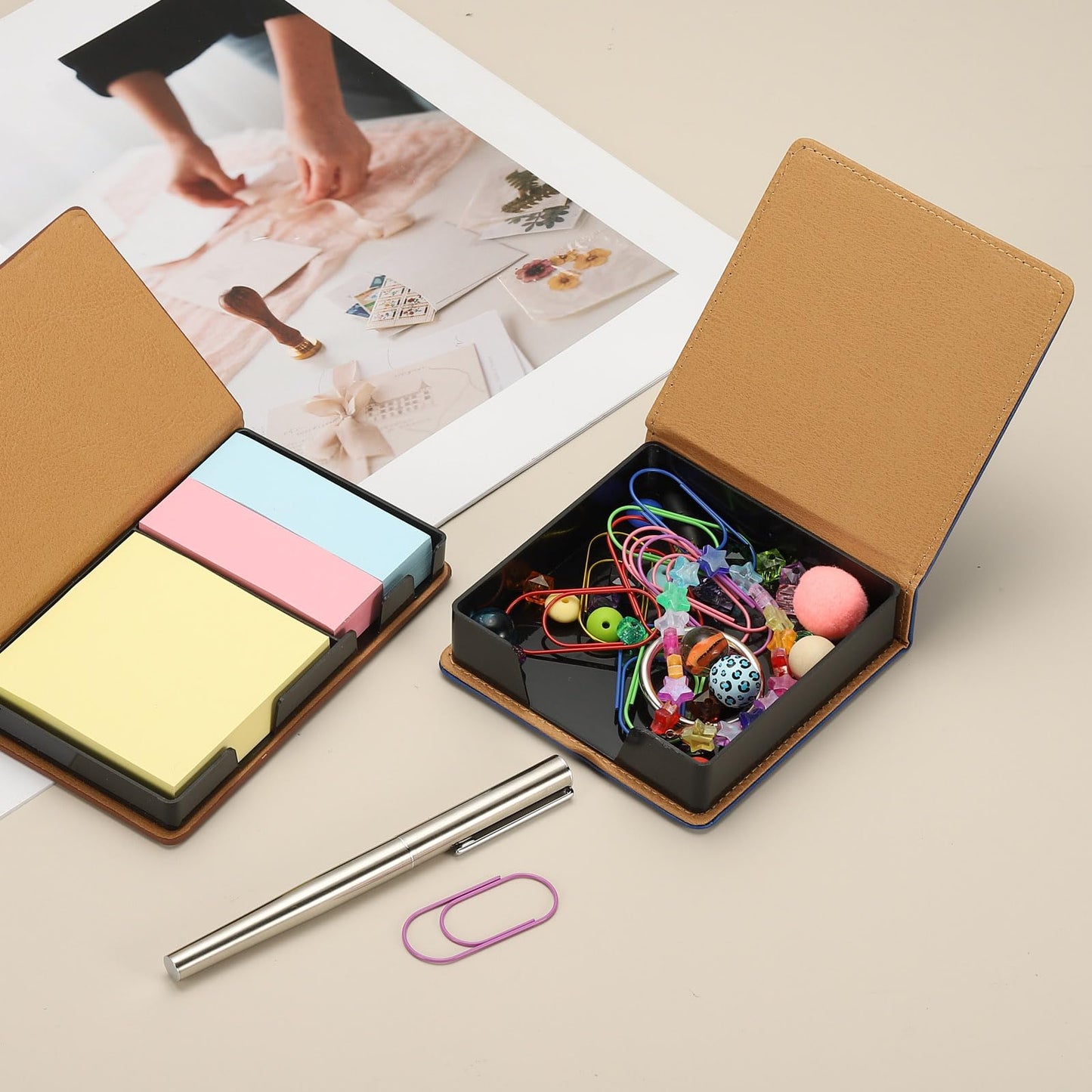 PATIKIL 140 Sheets Leather Sticky Notes Holder, 10in Post Notes Holder Storage Box Desktop Mini Square Case Business Card Holder Memo Pad Organizer for Desk Home Office Notebook, Red