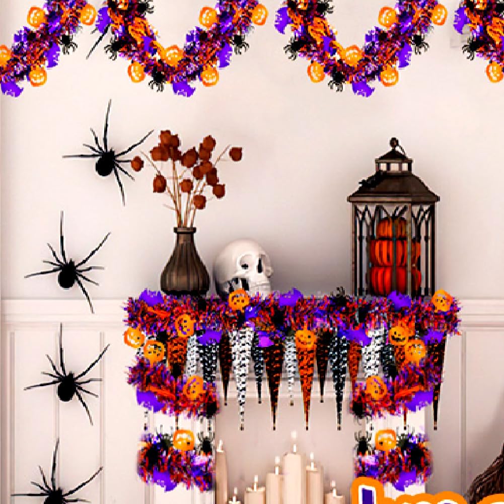 33 Ft Halloween Tinsel Garland with Orange Pumpkin Black Spider Purple Bat Glitter Fall Tinsel Garland Halloween Tree Ornaments for Home Indoor Outdoor Party Decorations