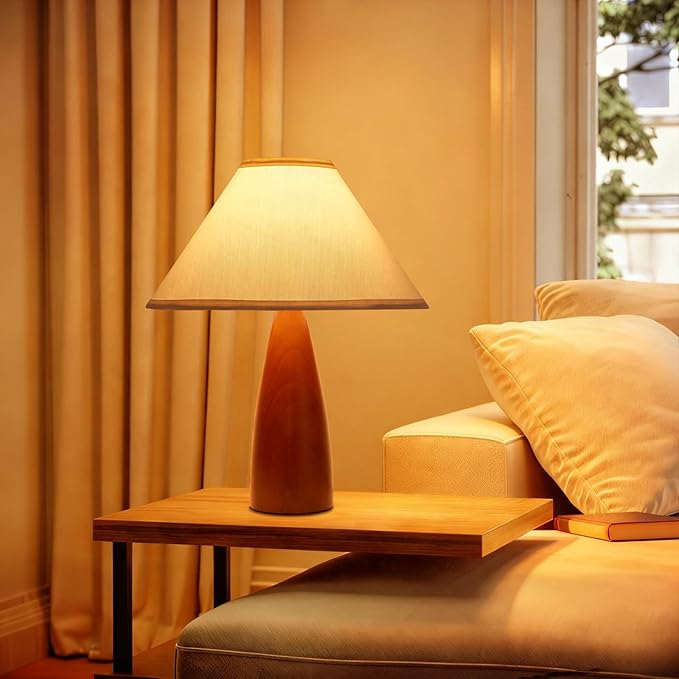 Bedside Table Lamp for Bedroom, Mid-Century Modern Plug in Fabric Shade & Solid Wood Base Desk Lamp, Plug & Play Warm Brown Nightstand Lamp for Living Room, Office, Switch Power Cord 【Bulb Included】