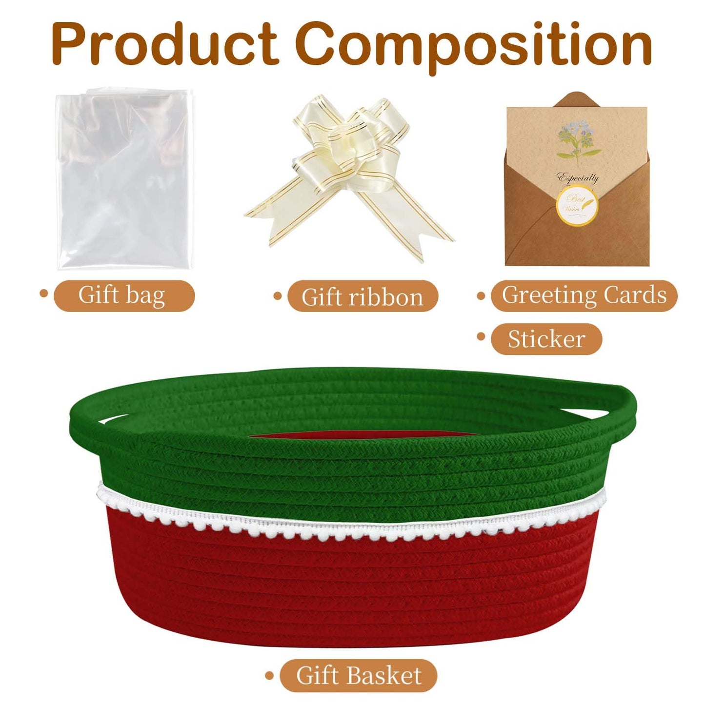 Christmas Red & Green Gift Basket Empty with Wrap Bag & Ribbon & Card, Empty Small Woven Storage Basket (12"x8"x5"), Cute Decorative Gift Baskets Storage for Christmas Baby Showers Easter (Green-Red)