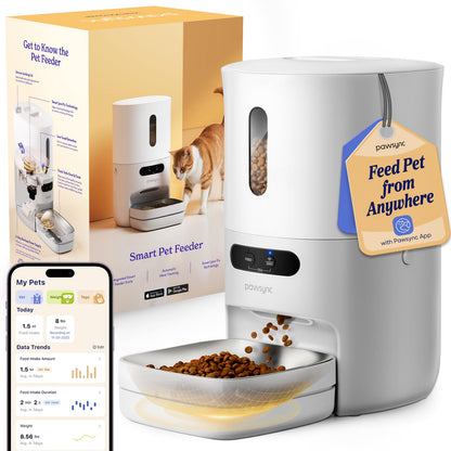 PAWSYNC Automatic Cat Feeder,WiFi Smart Scale Tracks Pet's Food Intake, App Remote Feeding, 3.6L Timed Food Dispenser for Cats and Dogs, Up to 10 Meals Per Day, Stainless Steel Bowl, Dual Power Supply