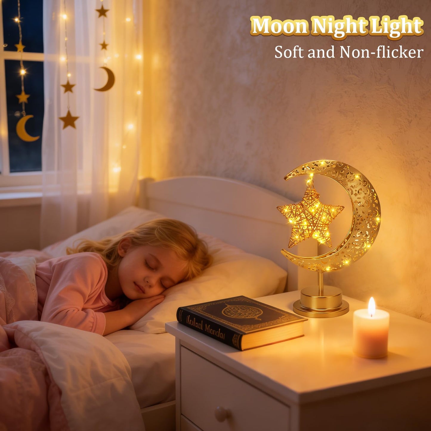 Half Moon Light Metal Ramadan Star Decorative Lamp - Battery Operated, Eid Decorations, Moon Night Light for Kids