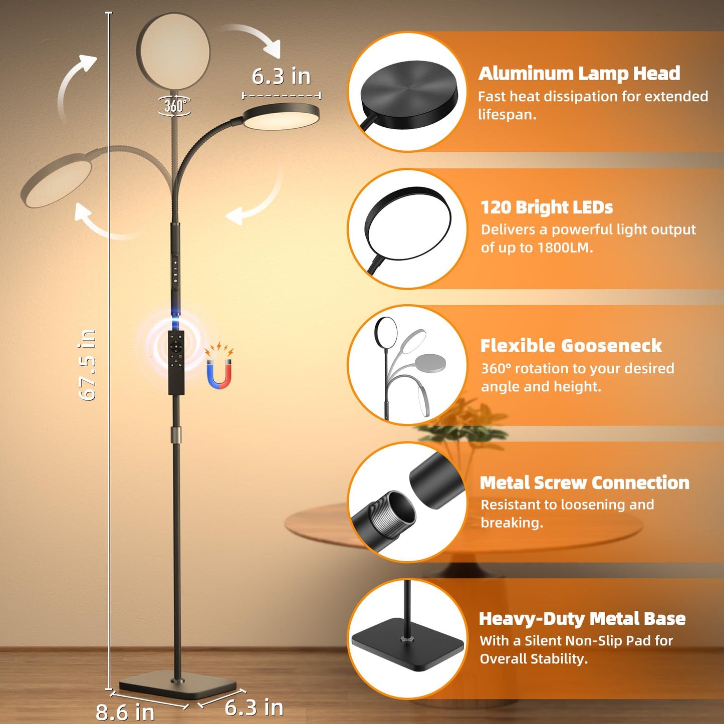 PACOVY Floor Lamp, Adjustable Height Floor Lamps for Living Room Bedroom, 120 LED Super Bright Standing Lamp Remote & Touch Control Dimmable Gooseneck Tall Stand Reading Lamp for Office Craft, Black