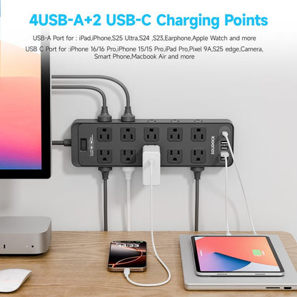 Solidock 20AC Power Strip with USB Ports, Heavy Duty Surge Protector Power Strip 15 Amp, 6Ft Extension Cord with Multiple Outlets