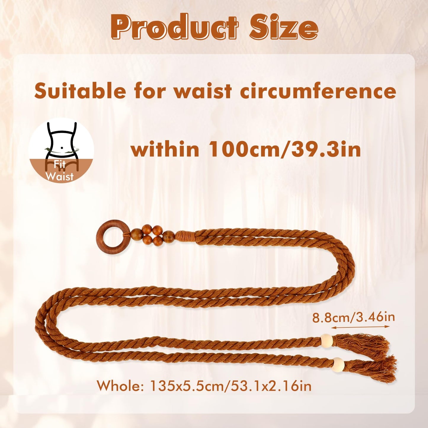TIESOME Women's Tassel Braided Waist Belt, Skinny Woven Belt for Dress Waist Belt Rope Chain with Woven Wooden Beads for Women Girls Godness (Brown)