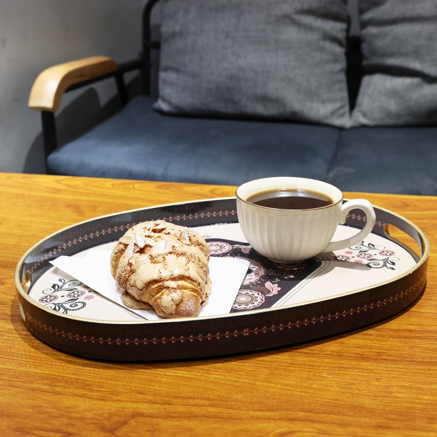 Omuriko Oval Plastic Serving Tray with Handles, Elegant Decorative Tray for Coffee Table, Ottoman, Living Room, Kitchen, Outdoor Use. 10"*16"*1.4" C