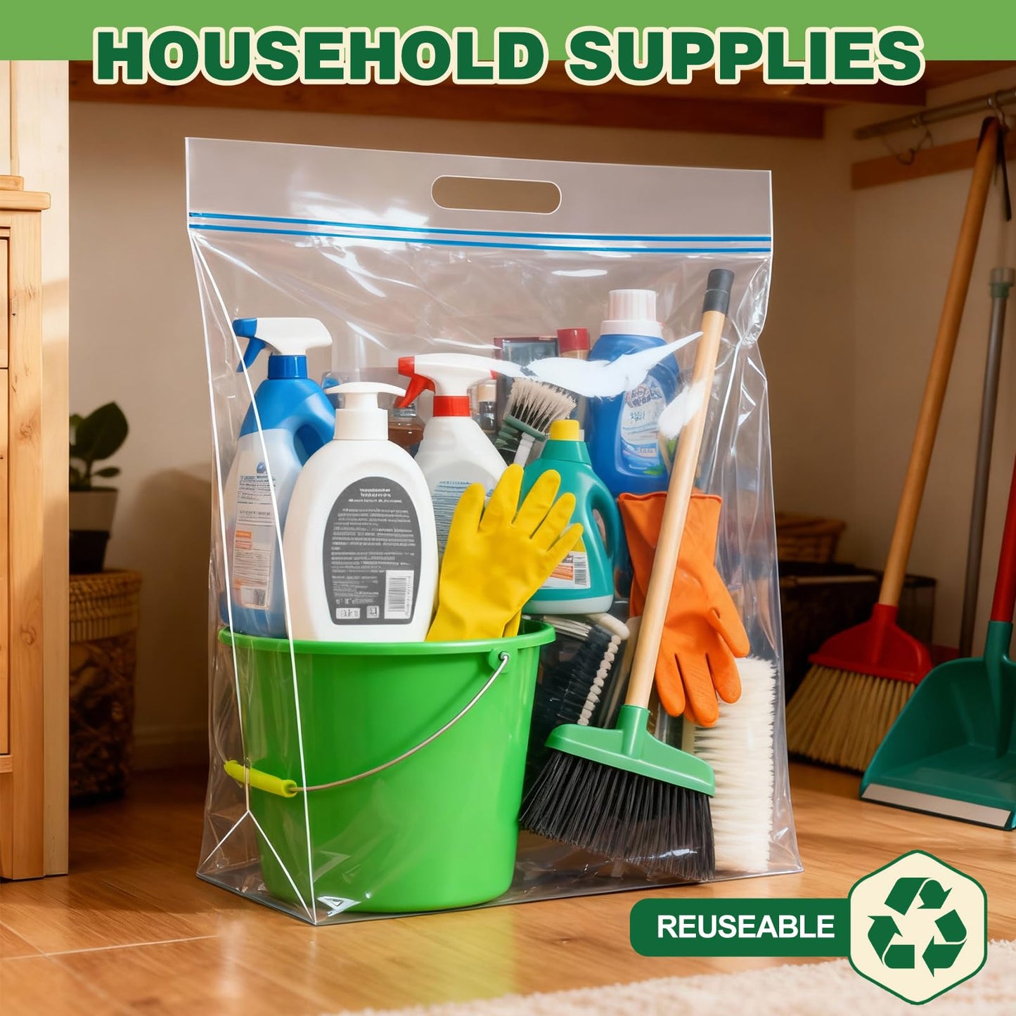 10 PACK 25 Gallon Extra Large Storage Bags, 35.5"x 24"x 7" Resealable Clear Zipper Bags with Handle, Heavy Duty Big Bag for Clothes Pillow Travel Moving, Expandable Bottom, 8 Mil Thick