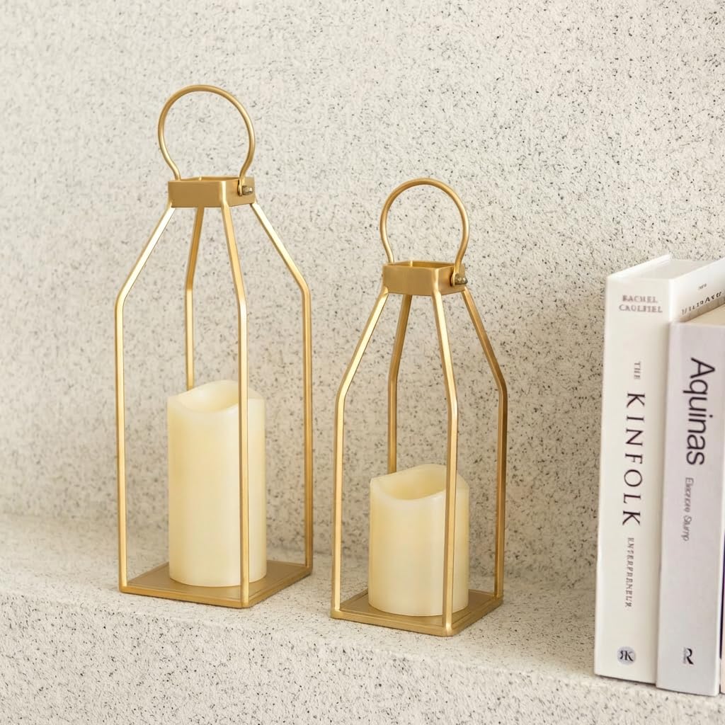Perfnique Modern Farmhouse Lantern Decor, 15'' 12.6'' Set of 2 Gold Metal Lanterns, 2 LED 6hr Timer Flameless Candles ＆ Remote Timer, Lanterns Decorative for Outdoor, Porch, Fireplace, Patio