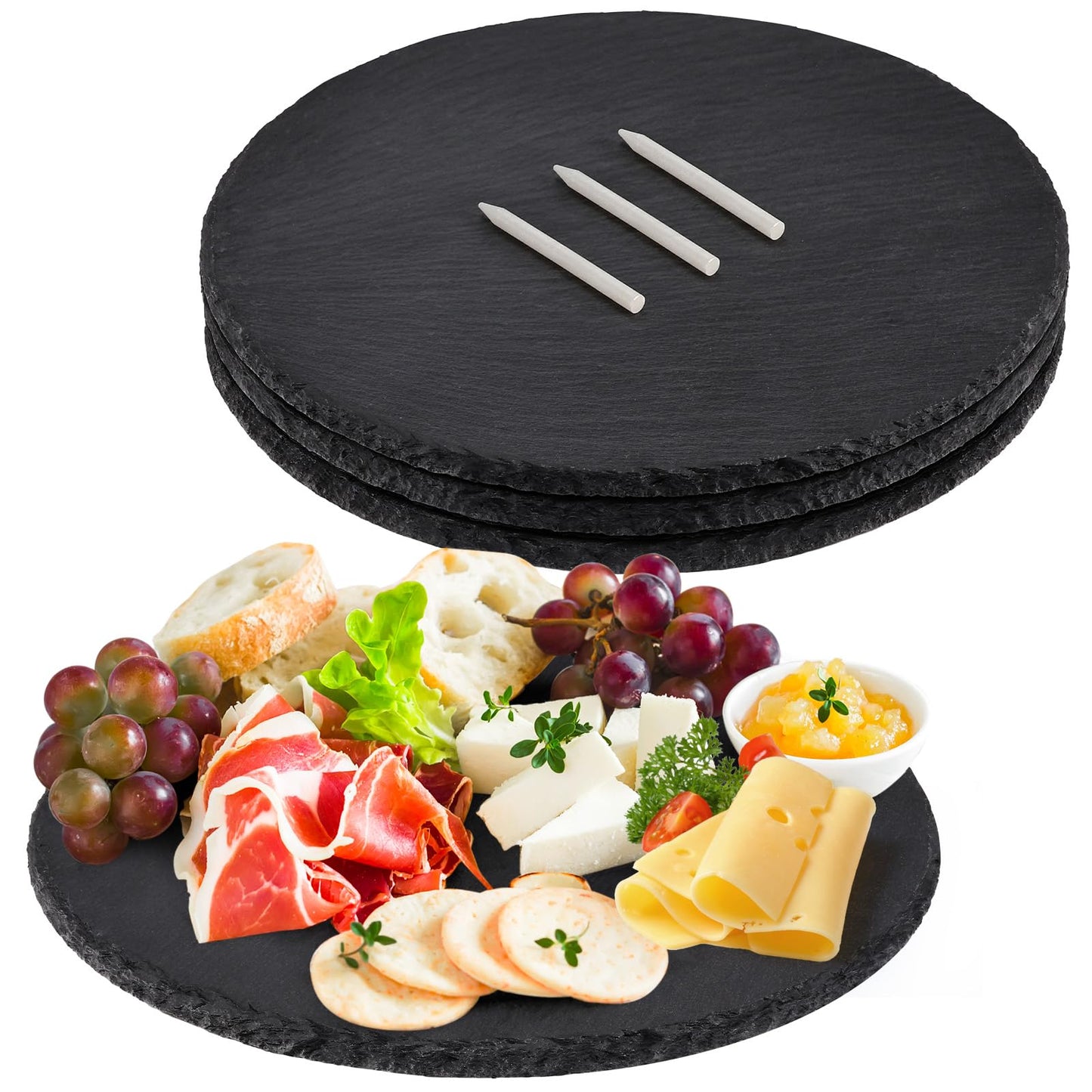 MAPRIAL 11 x 11 In 4 Pack Slate Cheese Boards, Round Black Stone Plates Charcuterie Boards Serving Tray Slate Platter for Halloween Christmas, Party, Gifts