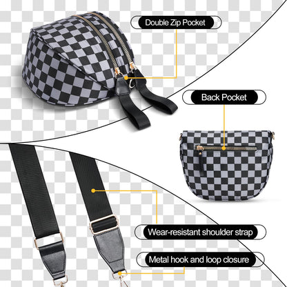 Checkered Crossbody Bag,Nylon Bum Bags for Women Crossbody,Spacious Sling Bag Purse Fanny Packs with Shoulder Strap
