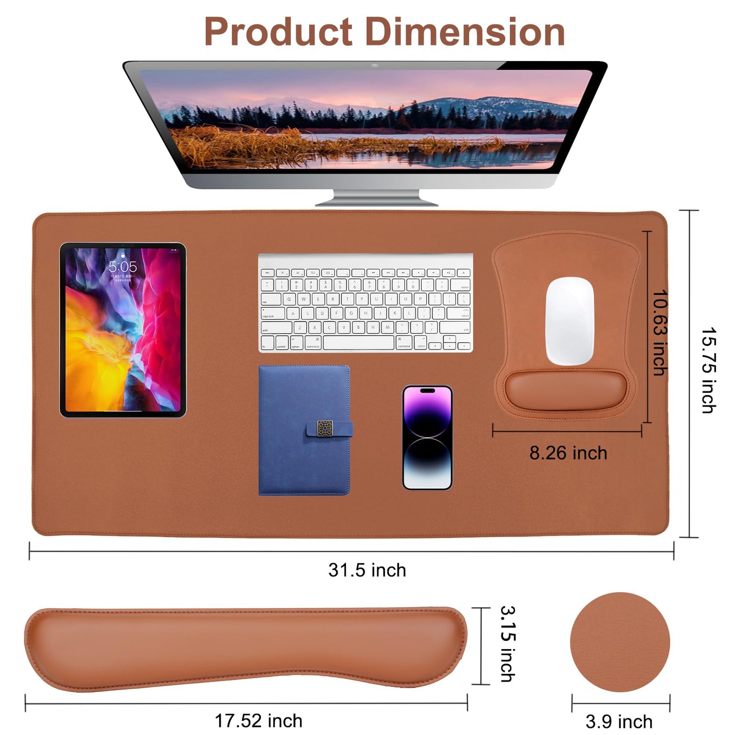 MOSISO Keyboard Mouse Pad Set, PU Leather Large Gaming Mousepad&Keyboard Wrist Rest&Mouse Wrist Rest&Coaster, Ergonomic Non-Slip Mousepad&Easy Typing Cushion with Memory Foam for Home Office, Brown