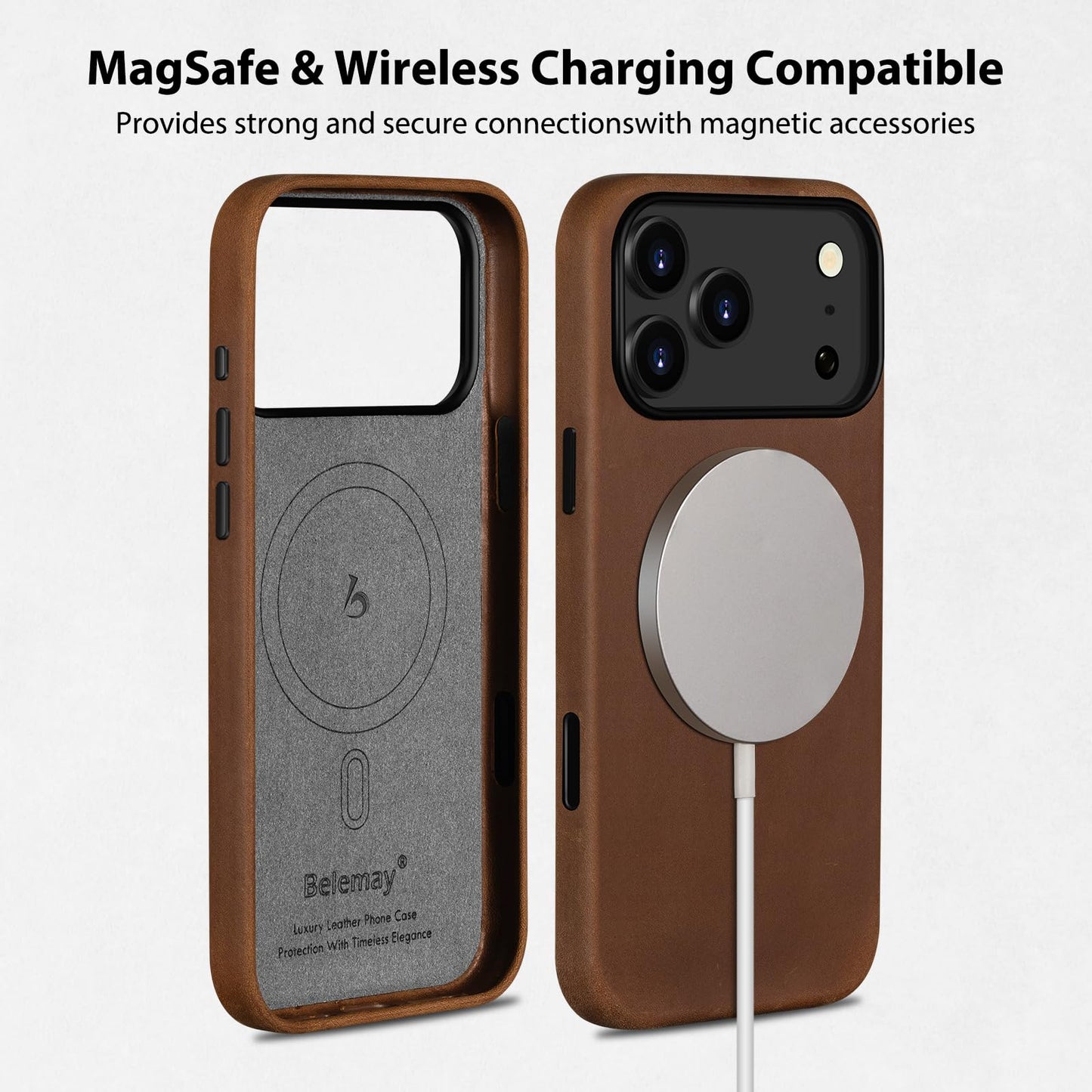 Belemay Handcrafted Crazy Horse Leather Case for iPhone 17 Pro, Compatible with MagSafe, Vintage Aesthetic, Two-Tone Effect, Unique Patina, Camera Control Button, Metal Buttons (6.3"), Vintage Brown