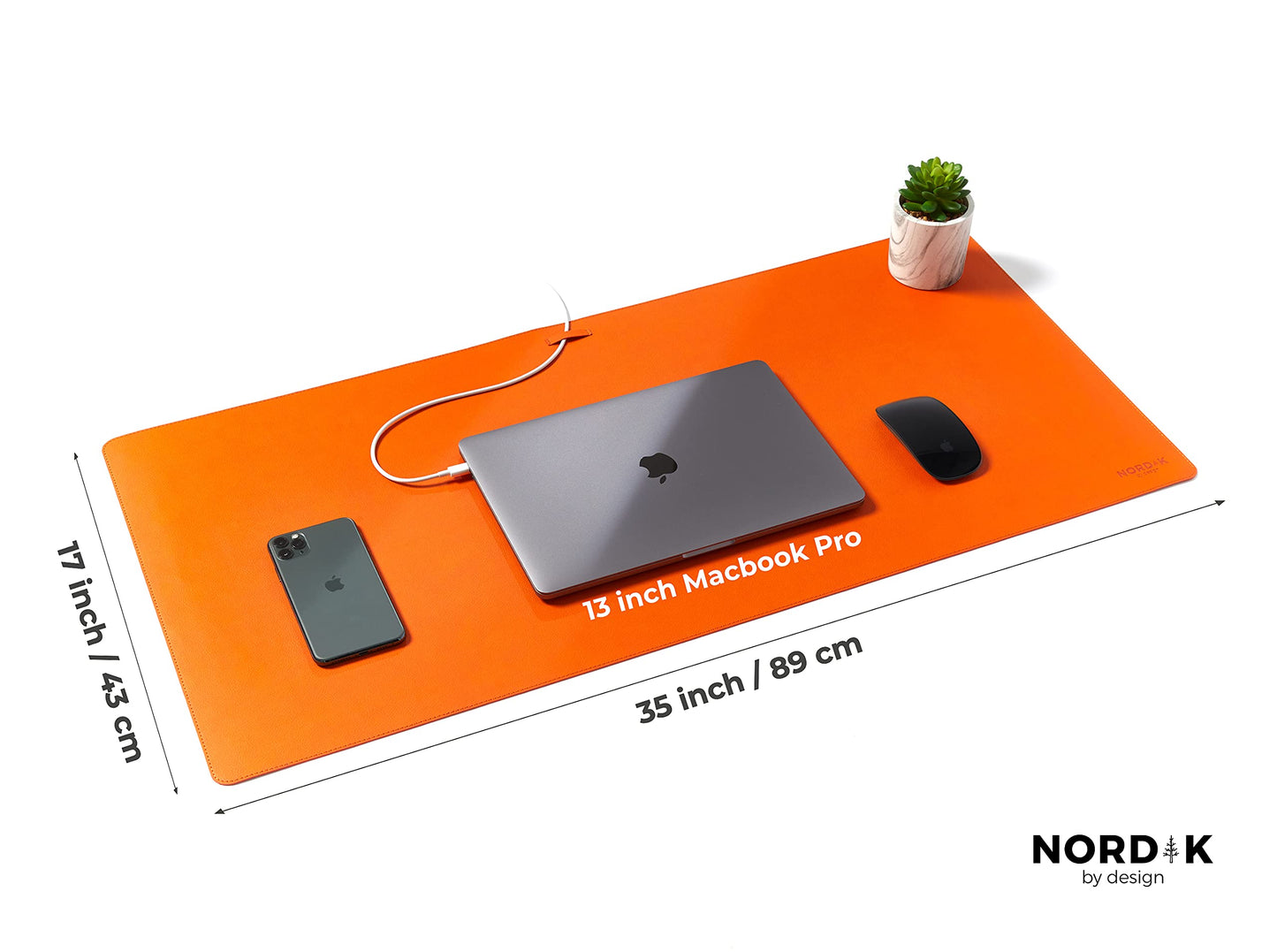 Nordik Leather Desk Mat Cable Organizer - Tangerine Orange 35 X 17 inch - Premium Extended Mouse Mat for Home Office Accessories - Non-Slip Vegan Leather Desk Pad Protector & Desk Blotter Pad