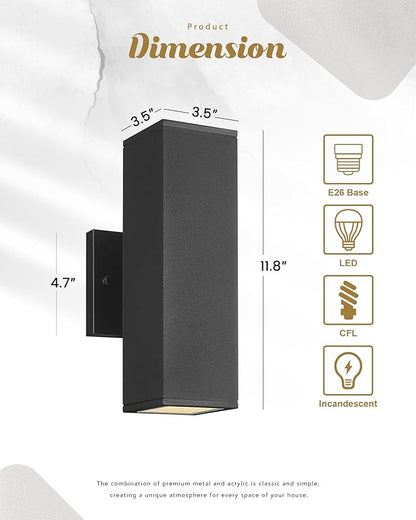 Ken & Ricky Outdoor Wall Lights, Modern Exterior Lighting Fixtures, Aluminum Front Porch Light, Black Outdoor Wall Sconce with Glass Cover, KR3324-W-2PK