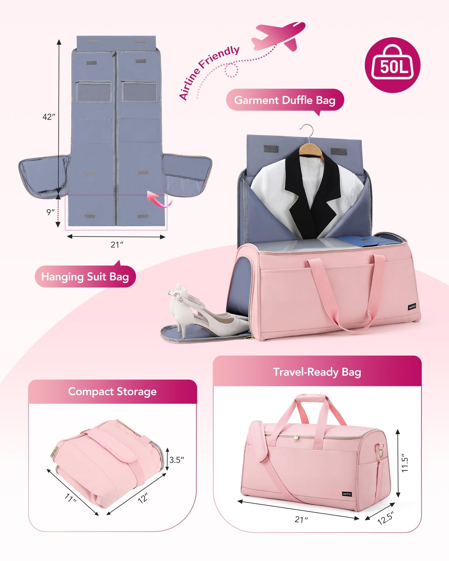 Convertible Travel Garment Bag, Carry on Garment Duffel Bag, 2 in 1 Hanging Dress Suitcase Suit Travel Bags, for Business Trips with Shoe Compartment & Multiple Pockets, AGPTEK (Pink)