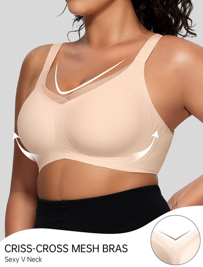 OEAK Womens Wireless Bras V Mesh Comfortable Bralette Supportive Tshirt Bra No Underwire Seamless Push Up Everyday Bras
