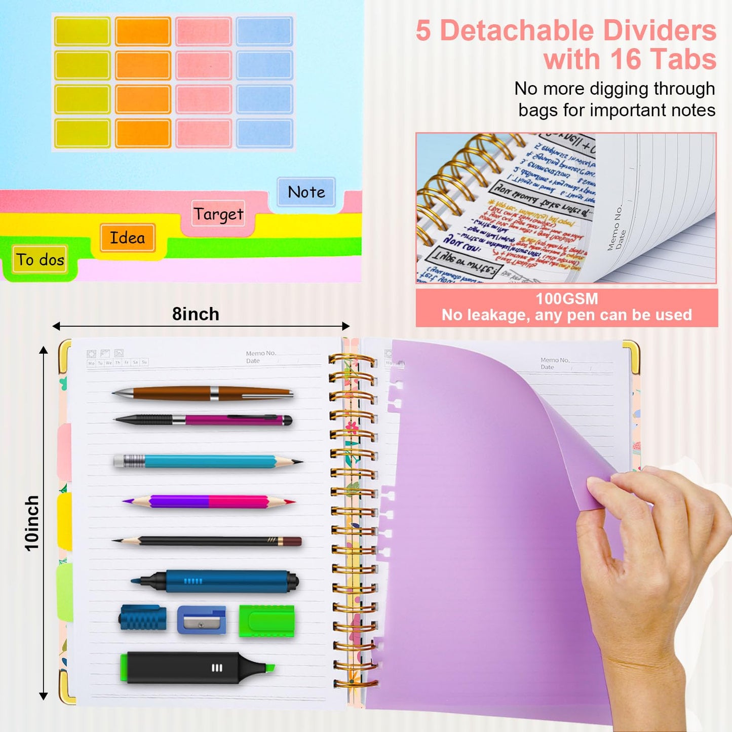 Spiral Journal Notebooks for Work, 300 Pages 5 Subject Notebook College Ruled with Dividers & Tabs, 8''x 10'' Large Notebook Journal for Women Students Note-Taking and Organizer (Beige Bloom)