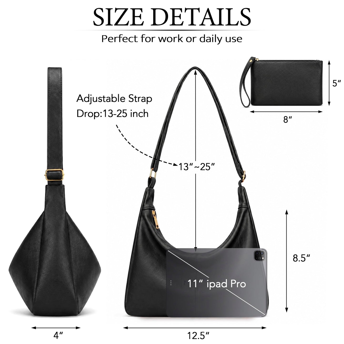 KKXIU Slouchy Hobo Bags for Women - Ultra Soft Foldable Shoulder Handbag Vegan Leather Tote Purse with Reinforced Zipper (Black)