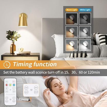 2 Pack Gold Wireless Battery Operated Wall Sconces, Dimmable Battery Powered Wall Decor Set of 2, Cordless Indoor Wall Light Lamp with Remote Control for Bedroom Living Room