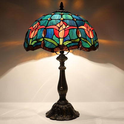 Tiffany Lamp Stained Glass Table Lamp Bedside Reading Light W12H19 Inches (Tulip Style)