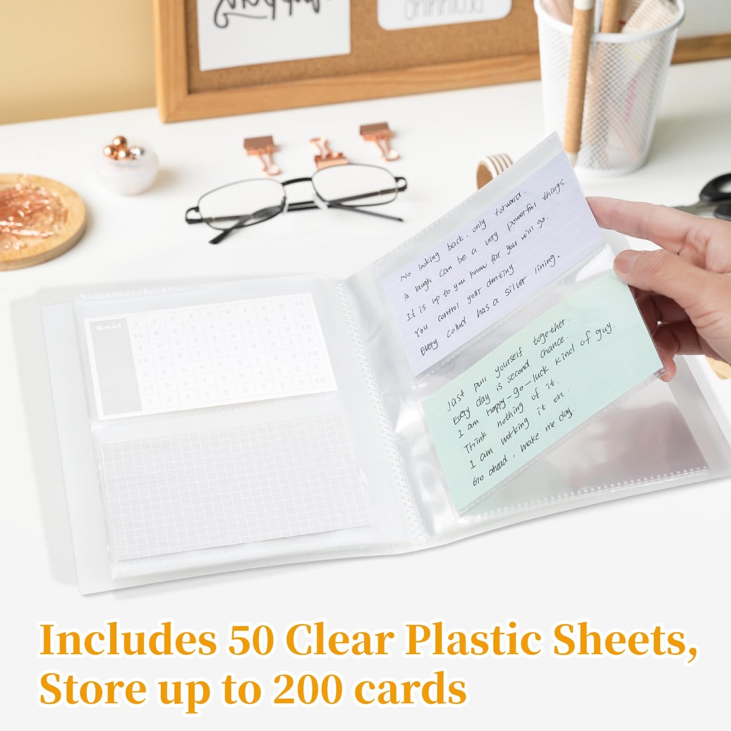Jactales Large 5x7 Index Card Holder Binder with Clear Plastic Sleeves – 200 Pocket Card Organizer for Indexcards, Flashcards, Postcards, Recipe Cards, Photos, and Study Notes – Small Storage Album