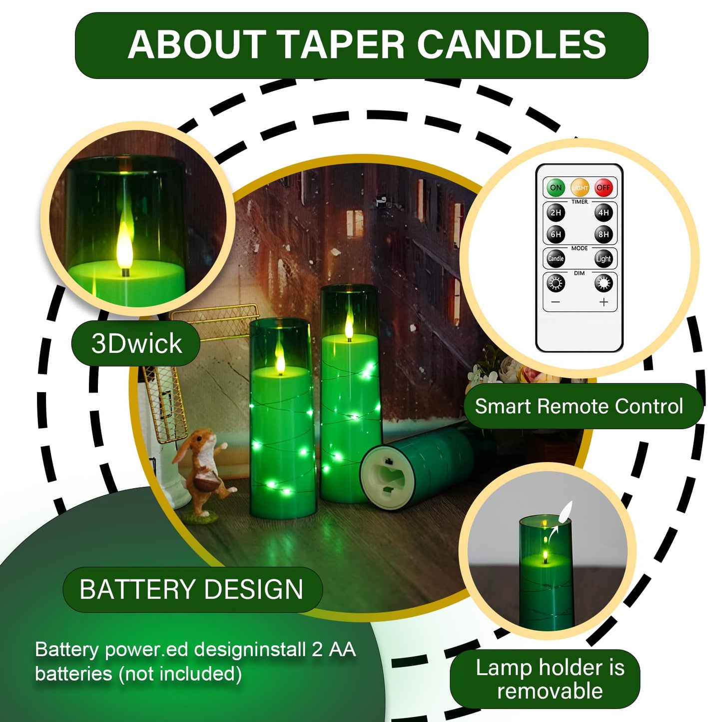 kakoya Flameless LED Candles with Timer 5 Pc Flickering Flameless Candles for Romantic Ambiance and Home Decoration Stable Acrylic Shell,with Embedded Star String，Battery Operated Candles（Green）