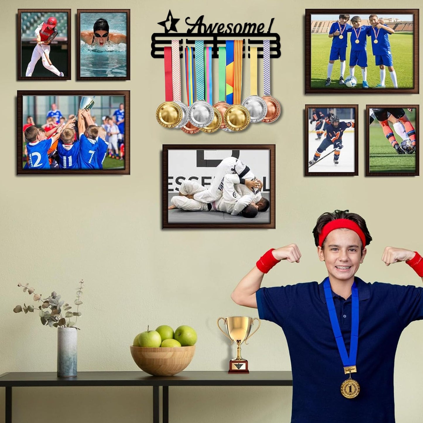 Resama Awesome Medal Hanger Holder Display Rack for Awards Ribbons Personalized Medal Sports Themed Race Ribbon Holder for Wall Metal Display Men Boy Girl Kid